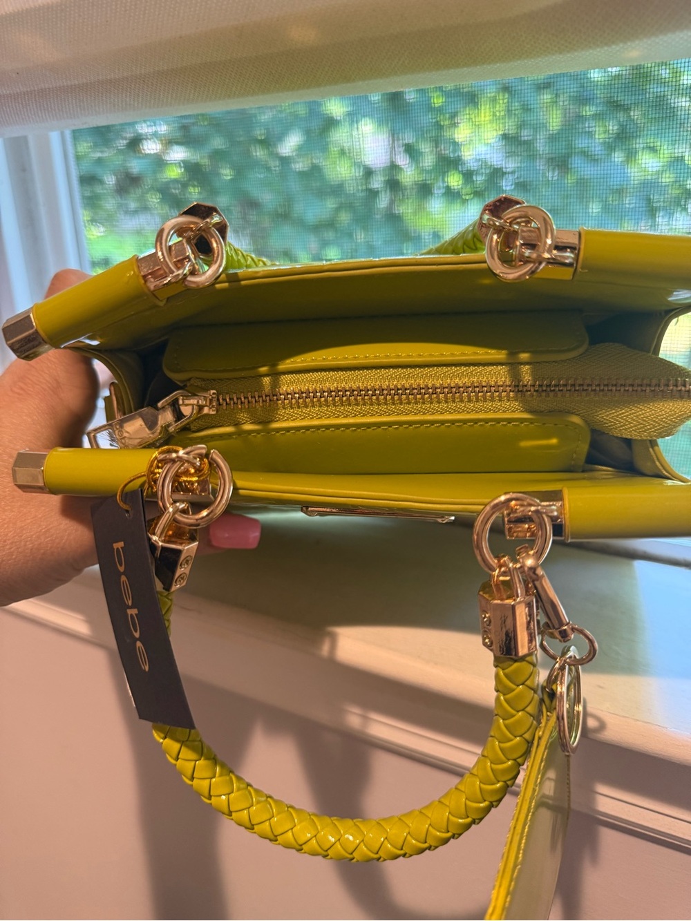 bebe lime patent braided-handle satchel with cardholder retail $109 fancy bag - Picture 7 of 12